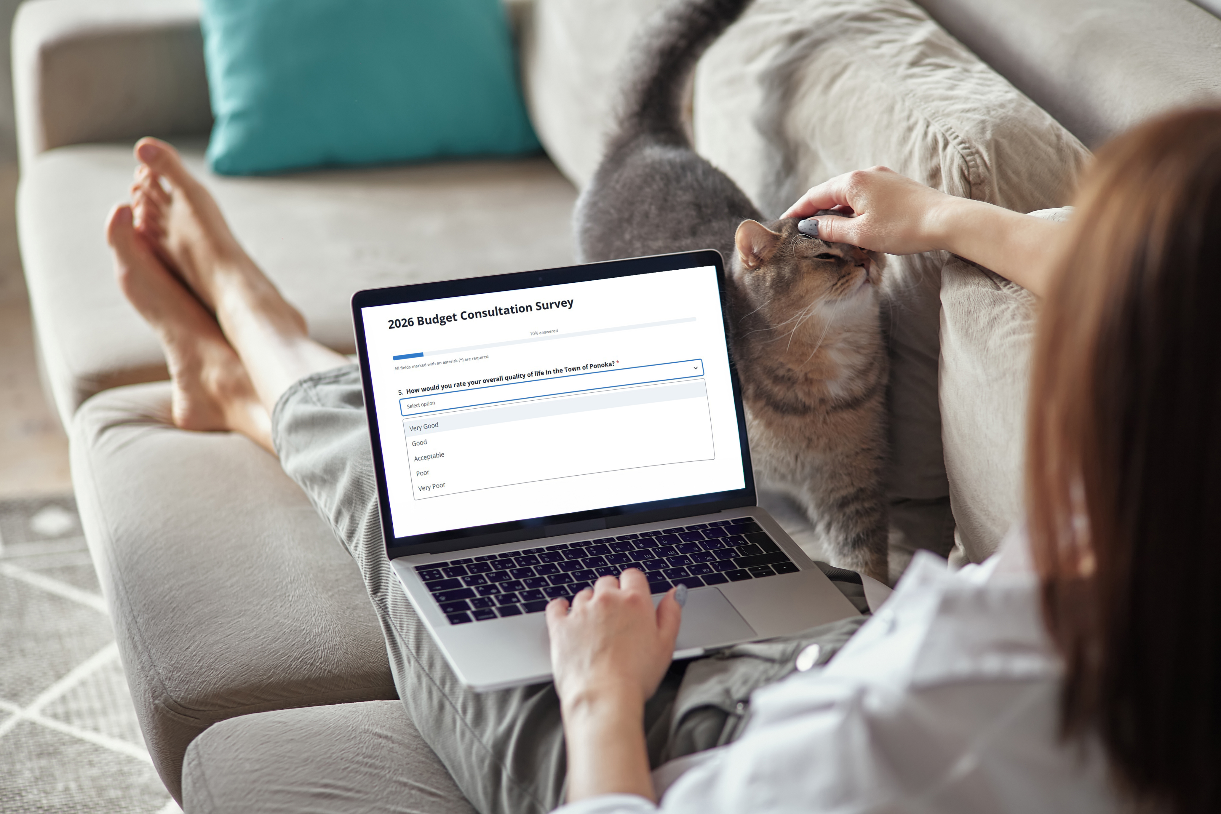 Person petting a cat while answering the Town of Ponoka 2026 Budget Survey on their laptop;