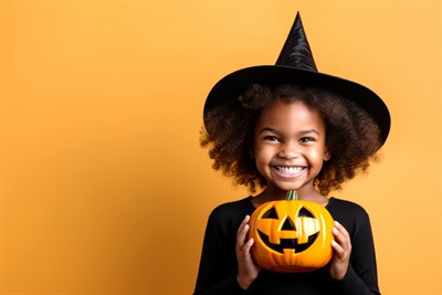 Kid smiling with a pumpkin
